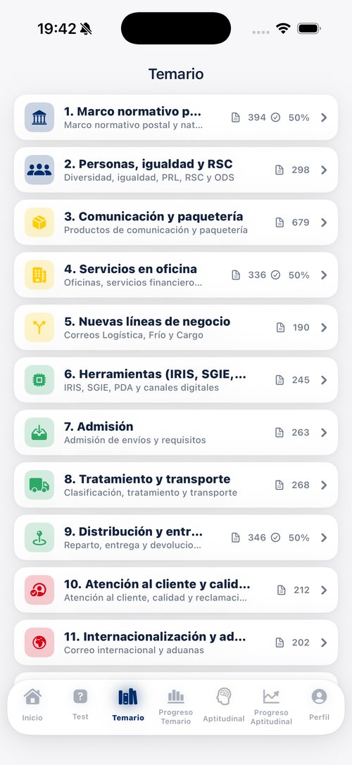 Pantalla de inicio de CorreosTest con el progreso del temario